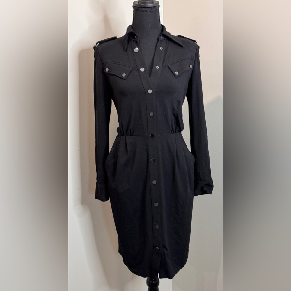 Cache Black Snap Front Shirt Dress‎ Military Style Epaulets Size 4